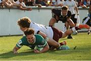 29 June 2025; Paidi Farrell of Ireland scores a try during World Rugby U20 Championship 2025 Pool C match between Ireland and Georgia at Stadio San Michele in Calvisano, Italy. Photo by Roberto Bregani/Sportsfile