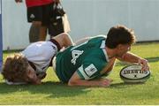 29 June 2025; Paidi Farrell of Ireland scores a try during World Rugby U20 Championship 2025 Pool C match between Ireland and Georgia at Stadio San Michele in Calvisano, Italy. Photo by Roberto Bregani/Sportsfile