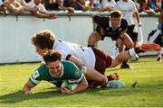 29 June 2025; Paidi Farrell of Ireland scores a try during World Rugby U20 Championship 2025 Pool C match between Ireland and Georgia at Stadio San Michele in Calvisano, Italy. Photo by Roberto Bregani/Sportsfile
