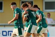 29 June 2025;  Ireland players celebrate the try scored by Charlie Molony of Ireland, 15, during World Rugby U20 Championship 2025 Pool C match between Ireland and Georgia at Stadio San Michele in Calvisano, Italy. Photo by Roberto Bregani/Sportsfile
