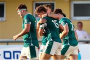 29 June 2025; Ireland players celebrate the try scored by Charlie Molony of Ireland during the World Rugby U20 Championship 2025 Pool C match between Ireland and Georgia at Stadio San Michele in Calvisano, Italy. Photo by Roberto Bregani/Sportsfile