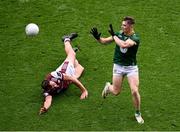 29 June 2025; Seán Rafferty of Meath in action against John Maher of Galway during the GAA Football All-Ireland Senior Championship quarter-final match between Meath and Galway at Croke Park in Dublin. Photo by Daire Brennan/Sportsfile
