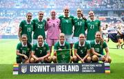 29 June 2025; The Republic of Ireland team, back row, from left, Abbie Larkin, Saoirse Noonan, goalkeeper Courtney Brosnan, Caitlin Hayes, Anna Patten and Emily Murphy, with front row, from left, Marissa Sheva, Tyler Toland, Jessie Stapleton, Chloe Mustaki and Kyra Carusa before the women's international friendly match between the USA and Republic of Ireland at TQL Stadium in Cincinnati, Ohio, USA. Photo by Stephen McCarthy/Sportsfile