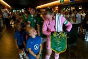 29 June 2025; Republic of Ireland goalkeeper and captain Courtney Brosnan in conversation with her mascot in the tunnel before the women's international friendly match between the USA and Republic of Ireland at TQL Stadium in Cincinnati, Ohio, USA. Photo by Stephen McCarthy/Sportsfile