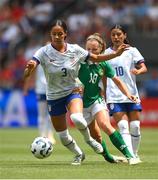 29 June 2025; Jordyn Bugg of United States in action against Kyra Carusa of Republic of Ireland during the women's international friendly match between the USA and Republic of Ireland at TQL Stadium in Cincinnati, Ohio, USA. Photo by Stephen McCarthy/Sportsfile