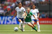 29 June 2025; Jordyn Bugg of United States in action against Kyra Carusa of Republic of Ireland during the women's international friendly match between the USA and Republic of Ireland at TQL Stadium in Cincinnati, Ohio, USA. Photo by Stephen McCarthy/Sportsfile