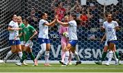 29 June 2025; Lynn Biyendolo of United States celebrates with teammate Emma Sears, right, after scoring their side's first goal during the women's international friendly match between the USA and Republic of Ireland at TQL Stadium in Cincinnati, Ohio, USA. Photo by Stephen McCarthy/Sportsfile