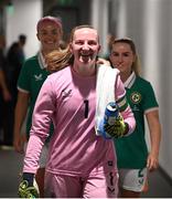 29 June 2025; Republic of Ireland goalkeeper Courtney Brosnan makes her way down the tunnel before the women's international friendly match between the USA and Republic of Ireland at TQL Stadium in Cincinnati, Ohio, USA. Photo by Stephen McCarthy/Sportsfile