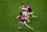 29 June 2025; Brian O'Halloran of Meath in action against Kieran Molloy, left, and Paul Conroy of Galway during the GAA Football All-Ireland Senior Championship quarter-final match between Meath and Galway at Croke Park in Dublin. Photo by Daire Brennan/Sportsfile