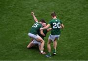CAPTION CORRECTION     29 June 2025; Eoghan Frayne, left, Jordan Morris, and Cian McBride of Meath celebrate after the GAA Football All-Ireland Senior Championship quarter-final match between Meath and Galway at Croke Park in Dublin. Photo by Daire Brennan/Sportsfile