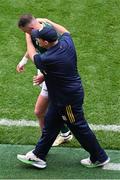 29 June 2025; Meath manager Robbie Brennan with Bryan Menton, after Menton came off, during the GAA Football All-Ireland Senior Championship quarter-final match between Meath and Galway at Croke Park in Dublin. Photo by Daire Brennan/Sportsfile