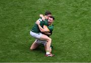 29 June 2025; Eoghan Frayne, left, and Jordan Morris of Meath celebrate after the GAA Football All-Ireland Senior Championship quarter-final match between Meath and Galway at Croke Park in Dublin. Photo by Daire Brennan/Sportsfile