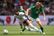 29 June 2025; Croix Bethune of United States in action against Kyra Carusa of Republic of Ireland during the women's international friendly match between the USA and Republic of Ireland at TQL Stadium in Cincinnati, Ohio, USA. Photo by Stephen McCarthy/Sportsfile