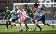 29 June 2025; Abbie Larkin of Republic of Ireland in action against Emily Sams, right, and Olivia Moultrie of United States during the women's international friendly match between the USA and Republic of Ireland at TQL Stadium in Cincinnati, Ohio, USA. Photo by Stephen McCarthy/Sportsfile