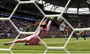 29 June 2025; Emma Sears of United States has a shot on goal saved by Republic of Ireland goalkeeper Courtney Brosnan during the women's international friendly match between the USA and Republic of Ireland at TQL Stadium in Cincinnati, Ohio, USA. Photo by Stephen McCarthy/Sportsfile