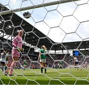 29 June 2025; Republic of Ireland goalkeeper Courtney Brosnan looks on after conceding the first goal during the women's international friendly match between the USA and Republic of Ireland at TQL Stadium in Cincinnati, Ohio, USA. Photo by Stephen McCarthy/Sportsfile