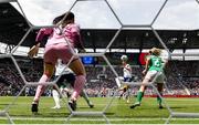 29 June 2025; Lynn Biyendolo of United States scores her side's first goal during the women's international friendly match between the USA and Republic of Ireland at TQL Stadium in Cincinnati, Ohio, USA. Photo by Stephen McCarthy/Sportsfile
