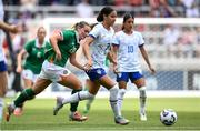 29 June 2025; Jordyn Bugg of United States in action against Saoirse Noonan of Republic of Ireland during the women's international friendly match between the USA and Republic of Ireland at TQL Stadium in Cincinnati, Ohio, USA. Photo by Stephen McCarthy/Sportsfile