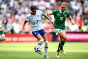 29 June 2025; Jordyn Bugg of United States in action against Kyra Carusa of Republic of Ireland during the women's international friendly match between the USA and Republic of Ireland at TQL Stadium in Cincinnati, Ohio, USA. Photo by Stephen McCarthy/Sportsfile