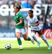 29 June 2025; Chloe Mustaki of Republic of Ireland in action against Croix Bethune of United States during the women's international friendly match between the USA and Republic of Ireland at TQL Stadium in Cincinnati, Ohio, USA. Photo by Stephen McCarthy/Sportsfile