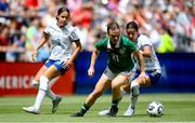 29 June 2025; Emily Murphy of Republic of Ireland in action against Emily Sams, right, and Jordyn Bugg of United States during the women's international friendly match between the USA and Republic of Ireland at TQL Stadium in Cincinnati, Ohio, USA. Photo by Stephen McCarthy/Sportsfile