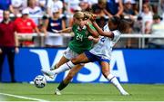 29 June 2025; Hayley Nolan of Republic of Ireland is tackled by Yazmeen Ryan of United States during the women's international friendly match between the USA and Republic of Ireland at TQL Stadium in Cincinnati, Ohio, USA. Photo by Stephen McCarthy/Sportsfile