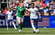 29 June 2025; Jordyn Bugg of United States in action against Amber Barrett of Republic of Ireland during the women's international friendly match between the USA and Republic of Ireland at TQL Stadium in Cincinnati, Ohio, USA. Photo by Stephen McCarthy/Sportsfile