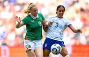 29 June 2025; Amber Barrett of Republic of Ireland in action against Jordyn Bugg of United States during the women's international friendly match between the USA and Republic of Ireland at TQL Stadium in Cincinnati, Ohio, USA. Photo by Stephen McCarthy/Sportsfile