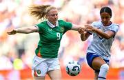 29 June 2025; Amber Barrett of Republic of Ireland in action against Jordyn Bugg of United States during the women's international friendly match between the USA and Republic of Ireland at TQL Stadium in Cincinnati, Ohio, USA. Photo by Stephen McCarthy/Sportsfile