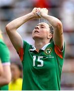 29 June 2025; Lucy Quinn of Republic of Ireland cools off in the water break during the women's international friendly match between the USA and Republic of Ireland at TQL Stadium in Cincinnati, Ohio, USA. Photo by Stephen McCarthy/Sportsfile
