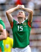 29 June 2025; Lucy Quinn of Republic of Ireland cools off in the water break during the women's international friendly match between the USA and Republic of Ireland at TQL Stadium in Cincinnati, Ohio, USA. Photo by Stephen McCarthy/Sportsfile