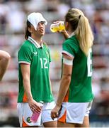 29 June 2025; Anna Patten of Republic of Ireland cools off in the water break during the women's international friendly match between the USA and Republic of Ireland at TQL Stadium in Cincinnati, Ohio, USA. Photo by Stephen McCarthy/Sportsfile