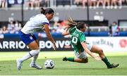 29 June 2025; Abbie Larkin of Republic of Ireland is tackled by Emily Sams of United States during the women's international friendly match between the USA and Republic of Ireland at TQL Stadium in Cincinnati, Ohio, USA. Photo by Stephen McCarthy/Sportsfile