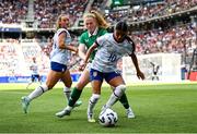 29 June 2025; Sam Meza of United States in action against Amber Barrett of Republic of Ireland during the women's international friendly match between the USA and Republic of Ireland at TQL Stadium in Cincinnati, Ohio, USA. Photo by Stephen McCarthy/Sportsfile