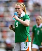 29 June 2025; Amber Barrett of Republic of Ireland cools off in the water break during the women's international friendly match between the USA and Republic of Ireland at TQL Stadium in Cincinnati, Ohio, USA. Photo by Stephen McCarthy/Sportsfile