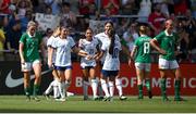 29 June 2025; Republic of Ireland players, from left, Jessie Stapleton, Ruesha Littlejohn and Caitlin Hayes react after conceding their fourth goal, scored by Alyssa Thompson, centre, during the women's international friendly match between the USA and Republic of Ireland at TQL Stadium in Cincinnati, Ohio, USA. Photo by Stephen McCarthy/Sportsfile