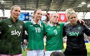 29 June 2025; Republic of Ireland players, from left, Sophie Whitehouse, Kyra Carusa, Amber Barrett and Republic of Ireland assistant coach Charlotte Healy after the women's international friendly match between the USA and Republic of Ireland at TQL Stadium in Cincinnati, Ohio, USA. Photo by Stephen McCarthy/Sportsfile