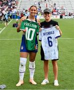 29 June 2025; Denise O’Sullivan of Republic of Ireland and Lynn Biyendolo of United States swap jerseys after the women's international friendly match between the USA and Republic of Ireland at TQL Stadium in Cincinnati, Ohio, USA. Photo by Stephen McCarthy/Sportsfile