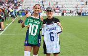 29 June 2025; Denise O’Sullivan of Republic of Ireland and Lynn Biyendolo of United States swap jerseys after the women's international friendly match between the USA and Republic of Ireland at TQL Stadium in Cincinnati, Ohio, USA. Photo by Stephen McCarthy/Sportsfile
