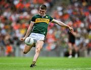 29 June 2025; Seán O'Shea of Kerry shoots to score a 'two point' score during the GAA Football All-Ireland Senior Championship quarter-final match between Armagh and Kerry at Croke Park in Dublin. Photo by Ray McManus/Sportsfile