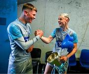 28 June 2025; Waterford goalkeepers Darragh Duffy, left, and captain James Comerford celebrate with the Irish Press Cup after the Electric Ireland GAA Hurling All-Ireland Minor Championship final match between Waterford and Clare at FBD Semple Stadium in Thurles, Tipperary. Photo by Brendan Moran/Sportsfile