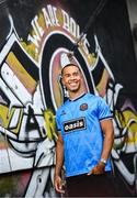 1 July 2025; Bohemians new signing Douglas James-Taylor poses for a portrait in the newly launched Oasis themed Bohemians jersey during his announcement at Dalymount Park in Dublin. Photo by Ramsey Cardy/Sportsfile