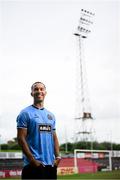 1 July 2025; Bohemians new signing Douglas James-Taylor poses for a portrait in the newly launched Oasis themed Bohemians jersey during his announcement at Dalymount Park in Dublin. Photo by Ramsey Cardy/Sportsfile