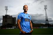 1 July 2025; Bohemians new signing Douglas James-Taylor poses for a portrait in the newly launched Oasis themed Bohemians jersey during his announcement at Dalymount Park in Dublin. Photo by Ramsey Cardy/Sportsfile
