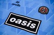 1 July 2025; A detailed view of the newly launched Oasis themed Bohemians jersey during his announcement at Dalymount Park in Dublin. Photo by Ramsey Cardy/Sportsfile