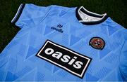 1 July 2025; A detailed view of the newly launched Oasis themed Bohemians jersey during his announcement at Dalymount Park in Dublin. Photo by Ramsey Cardy/Sportsfile