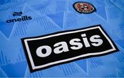 1 July 2025; A detailed view of the newly launched Oasis themed Bohemians jersey during his announcement at Dalymount Park in Dublin. Photo by Ramsey Cardy/Sportsfile