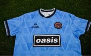 1 July 2025; A detailed view of the newly launched Oasis themed Bohemians jersey during his announcement at Dalymount Park in Dublin. Photo by Ramsey Cardy/Sportsfile