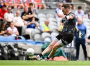 28 June 2025; Monaghan goalkeeper Rory Beggan takes a free during the GAA Football All-Ireland Senior Championship quarter-final match between Monaghan and Donegal at Croke Park in Dublin. Photo by Piaras Ó Mídheach/Sportsfile