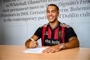 1 July 2025; Bohemians new signing Douglas James-Taylor poses for a portrait during his announcement at Dalymount Park in Dublin. Photo by Ramsey Cardy/Sportsfile